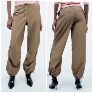 Zara Parachute Wide Leg Pants Small Drawstring Elastic Waist Baggy Loose Relaxed